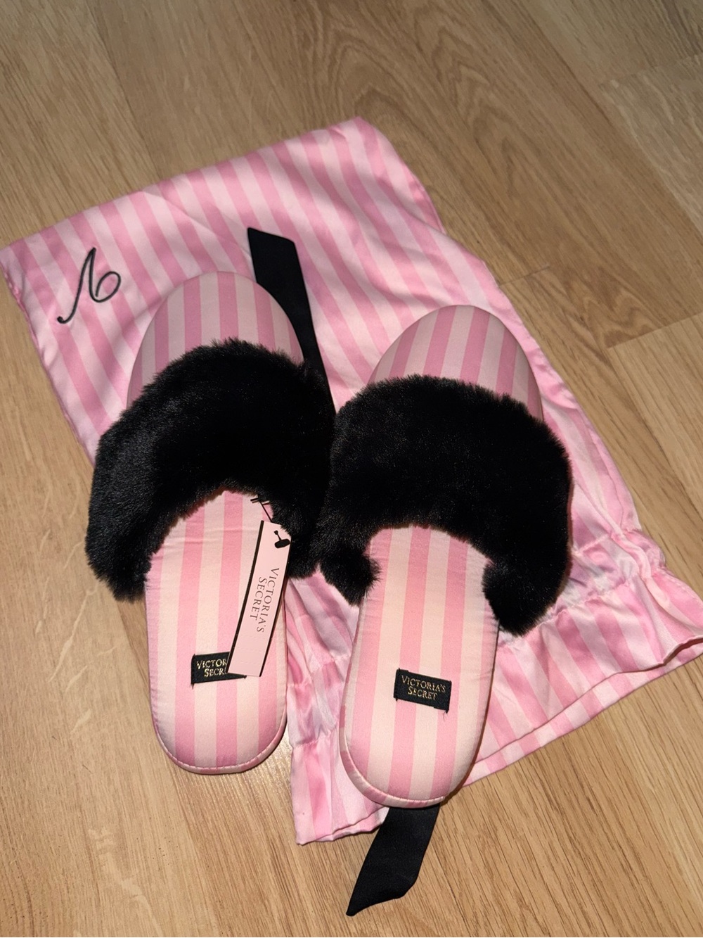 Victoria's Secret Pink & Black Faux-Fur Slide Slippers for Kids